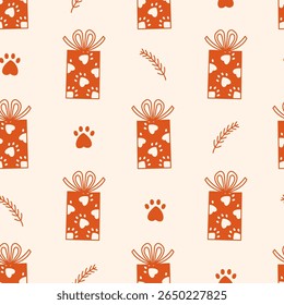 Gift Box with Paw Print Seamless Pattern. Hand drawn Pet Christmas Background with Present package and tied bow tree branch. Dog Cat Animal icon symbols in doodle style. Vector illustration