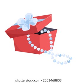 Gift box with pearl beads. Present with jewellery isolated on white background. Precious pearl necklace in red gift wrap with cute bow. Vector illustration