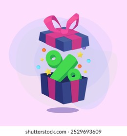 Geschenkbox mit Prozentzeichen in Vektorgrafik. Sterne und Konfetti auf Hintergrund. Verkauf, Bonus, Treueprogramm, Werbekonzept. Kann für Banner- oder Posterdesign verwendet werden