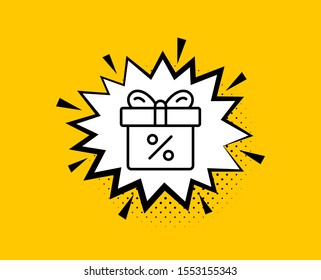 Gift box with Percentage line icon. Comic speech bubble. Present or Sale sign. Birthday Shopping symbol. Package in Gift Wrap. Yellow background with chat bubble. Discount offer icon. Vector