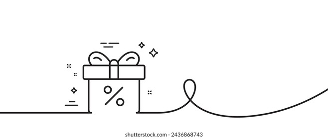 Gift box with Percentage line icon. Continuous one line with curl. Present or Sale sign. Birthday Shopping symbol. Package in Gift Wrap. Discount offer single outline ribbon. Vector