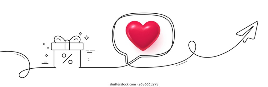 Gift box with Percentage line icon. Continuous line with share plane. Present or Sale sign. Birthday Shopping symbol. Package in Gift Wrap. 3d heart in speech bubble. Vector