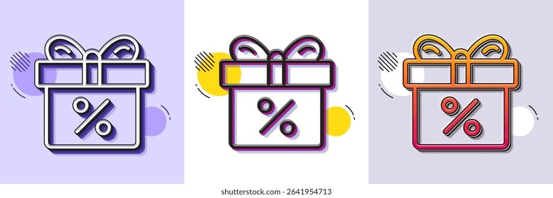 Gift box with Percentage line icon. Halftone dotted pattern. Gradient icon with grain shadow. Present or Sale sign. Birthday Shopping symbol. Package in Gift Wrap. Line discount offer icon. Vector