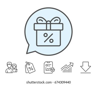 Gift box with Percentage line icon. Present or Sale sign. Birthday Shopping symbol. Package in Gift Wrap. Report, Sale Coupons and Chart line signs. Download, Group icons. Editable stroke. Vector