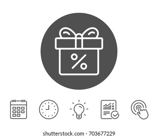 Gift box with Percentage line icon. Present or Sale sign. Birthday Shopping symbol. Package in Gift Wrap. Report, Clock and Calendar line signs. Light bulb and Click icons. Editable stroke. Vector