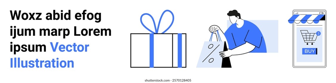 A gift box, a person holding a shopping bag, and a mobile device with a shopping cart highlighted. Ideal for e-commerce, online shopping, gift giving, mobile commerce, and retail. Banner for landing