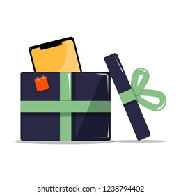 Gift Box With Phone Inside. Phone As A Gift. Isolated Image. Flat Style. Vector Illustration
