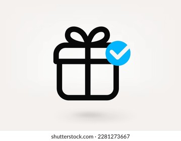 Pictograma de la caja de regalo con marca de verificación de aprobación. Icono lineal vectorial