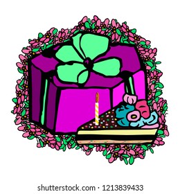 A gift box, a piece of a festive cake with a candle, doodle flowers. Vector illustration on isolated background