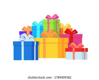 Gift box pile. Color gift boxes with bright ribbon and bow, lots of wrapped presents, christmas or birthday stylish wrap, holiday symbol flat vector isolated concept