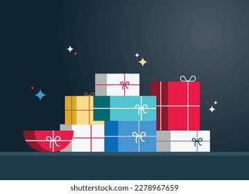 Gift box pile. Color gift boxes with bright ribbon and bow, lots of wrapped presents, christmas or birthday stylish wrap, holiday symbol flat vector isolated concept