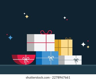 Gift box pile. Color gift boxes with bright ribbon and bow, lots of wrapped presents, christmas or birthday stylish wrap, holiday symbol flat vector isolated concept
