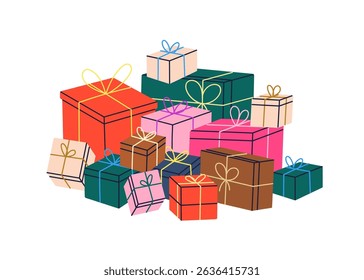 Gift box pile. Holiday presents heap in paper wrapping, ribbon and bow. Festive surprises for Christmas and birthday. Many giftboxes stack. Flat vector illustration isolated on white background