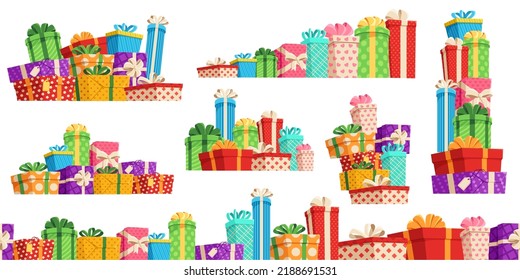 Gift box pile. Many gifts, lot of wrapped surprise boxes with ribbon bows and colorful birthday presents seamless divider vector set. New year, christmas and anniversary bright packages