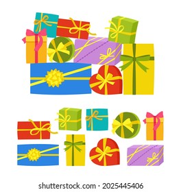Gift Box pile with Ribbon Birthday party cartoon set. Greeting sale shopping Birthday, Christmas or Wedding jumble. Congratulation present mountain stack gift. Holiday anniversary surprise gift symbol