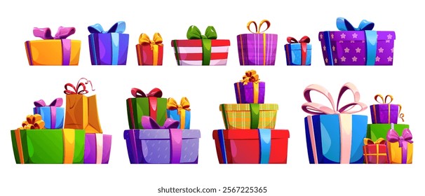 Gift box piles. Colorful wrapped present packages with bows and ribbons - single items and stacked heaps. Cartoon festive parcels decorated with stars, striped patterns for celebration, holiday design