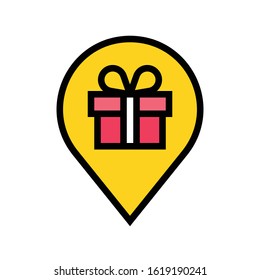 Gift box pin vector illustration, filled style icon