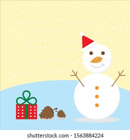 Gift box, pine cone, and snowman, christmas scene background.