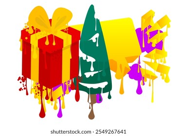 Gift box and pine tree graffiti tag. Abstract modern street art decoration performed in urban painting style.