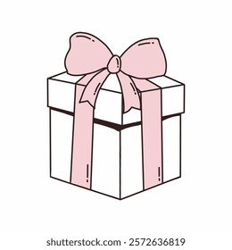 Gift box with pink bow. Contour vector illustration.