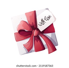 GIft box with pink bow and love letter on the white background. Isolated vector illustration for card, invitation, cover, design projects.