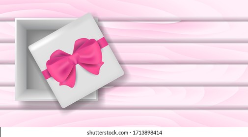 Geschenkbox mit rosafarbener Schleife auf einem Holzbrett. Vektorillustration-Stockillustration für Plakate