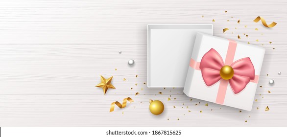 Gift box with pink bow ribbon banners design on white wood background, Eps 10 vector illustration