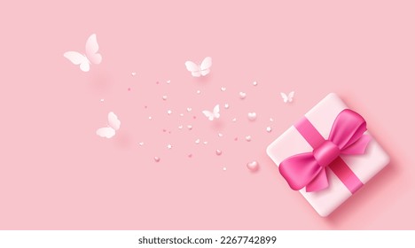 Cinta de arcos rosados de la caja de regalo con corte de papel de mariposa y corazón, diseño de pancartas sobre fondo rosado, ilustración EPS10 Vector.
