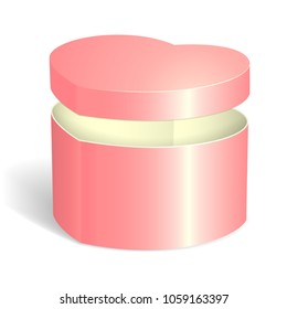 Gift box is pink. With the lid open. In the form of a heart. Packaging, a template for the design of a 3d package. Isolated on white background. For gifts for the holidays. Vector illustration.