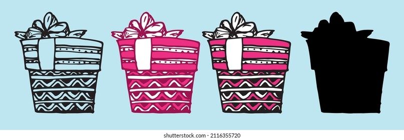 gift box in pink packaging with a pattern of wavy lines and dots with a white ribbon bow on top. set with silhouette and black outline. a gift box of bright pink color and a bow in the style doodle 