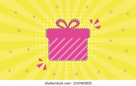 Gift box. Pink present boxes isolated on yellow background in retro comic pop art style. Vector