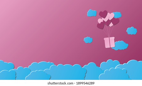  Gift box and pink red hearts Balloon flies in the sky above the clouds