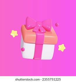 Gift box with pink ribbon bow, 3D vector icon.