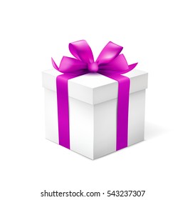 Gift box with pink ribbon isolated on white background. Vector illustration.