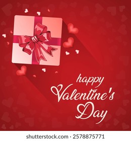 Gift box with pink ribbon scattered hearts, and Happy Valentine's Day text on a red background with subtle heart patterns celebrating love affection and tradition