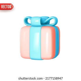 Gift box. Pink Square gift surprise. Decor for birthday, Christmas and new year. Realistic 3d design In plastic cartoon style. Icon isolated on white background. Vector illustration