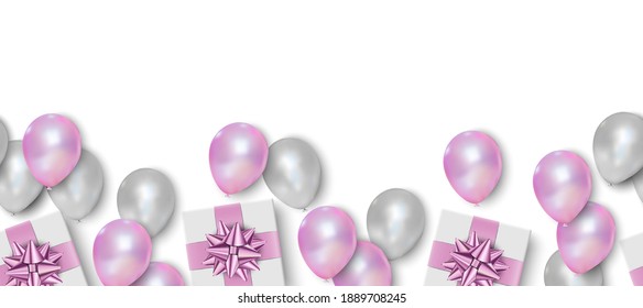 Caja de regalo, globos rosados y blancos sobre fondo blanco, patrón sin soldadura, ilustración vectorial