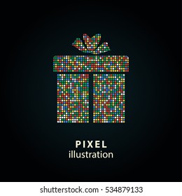 Gift Box - pixel icon. Vector Illustration. Design logo element. Isolated on black background. It is easy to change to any color.