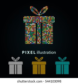 Gift Box - pixel icon. Vector Illustration. Design logo element. Isolated on black background. It is easy to change to any color.
