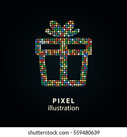 Gift Box - pixel icon. Vector Illustration. Design logo element. Isolated on black background. It is easy to change to any color.