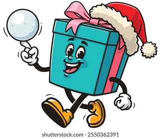 Gift Box playing snowballs and wearing a christmas hat,  Cartoon Mascot Illustration Character Vector Clip-art Hand-drawn Logo Design