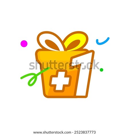 gift box with a plus one symbol. Get One Free promotion concept illustration flat design icon or label. Perfect for marketing, sales, or promotional materials