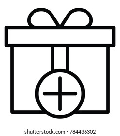 A gift box with a plus sign showing privileges, line icon