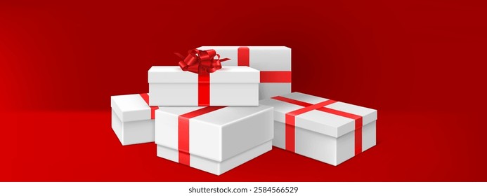 Gift box podium composition on red background - stack of white presents decorated with scarlet ribbons. Group of rectangular packages arranged in display formation. Minimalist festive setup.