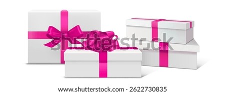 Gift box podium set with bright pink satin ribbon bows. Stacked white square pedestals. Magenta decorative ties on festive giftbox. Luxury present display platform for product showcase or celebration.