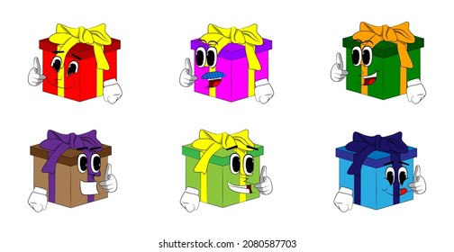 Gift Box with pointing at the viewer with his hand as a cartoon character. Holiday, Celebration surprise with happy face emotion.