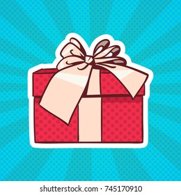 Gift Box Pop Art Retro Style Of Realistic Present With Ribbon And Bow On Dots Background Vector Illustration