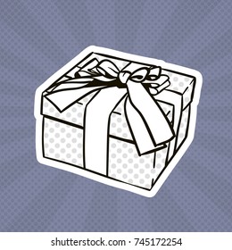 Gift Box Pop Art Retro Style Of Present With Ribbon And Bow On Grey Dots Background Vector Illustration