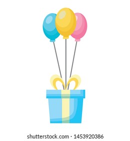 gift box present with balloons helium vector illustration design