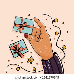 Gift box / present or christmas gift hand close up. Decorative gift box tied with a ribbon and bow carefully cupped in female hands as she gives a surprise present to a loved one. Vector illustration.